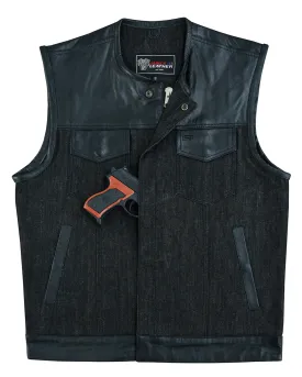 VB913BK Men's Collarless Black Denim & Leather Vest