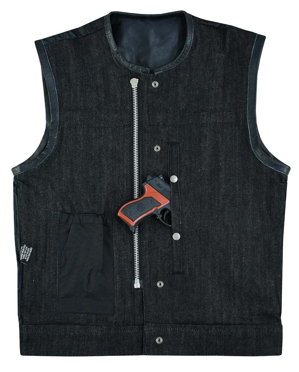 VB913BK Men's Collarless Black Denim & Leather Vest