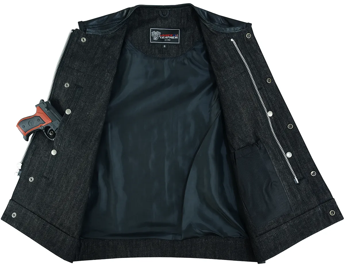 VB913BK Men's Collarless Black Denim & Leather Vest