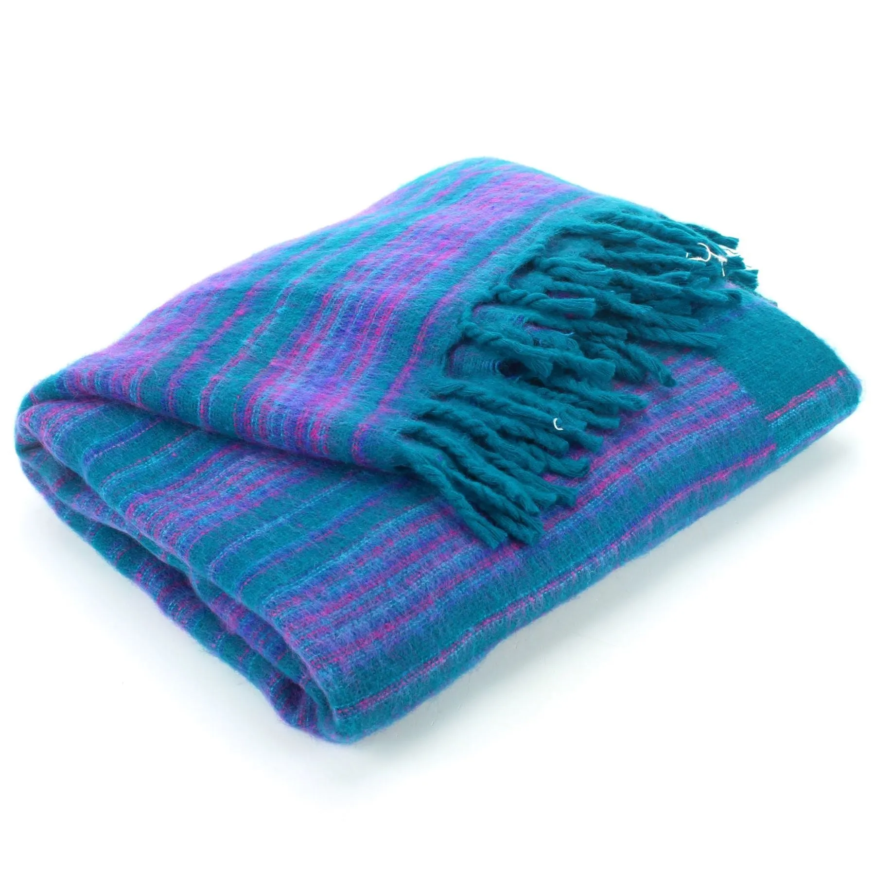 Vegan Wool Shawl Blanket - Stripe - Green Purple