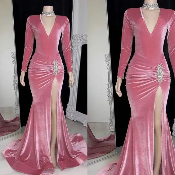 Velvet prom dresses, pleats prom dresses, long sleeve prom dresses, pink prom dresses     S2456