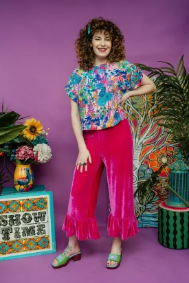 Velvet Ruffle Culottes in Bright Pink