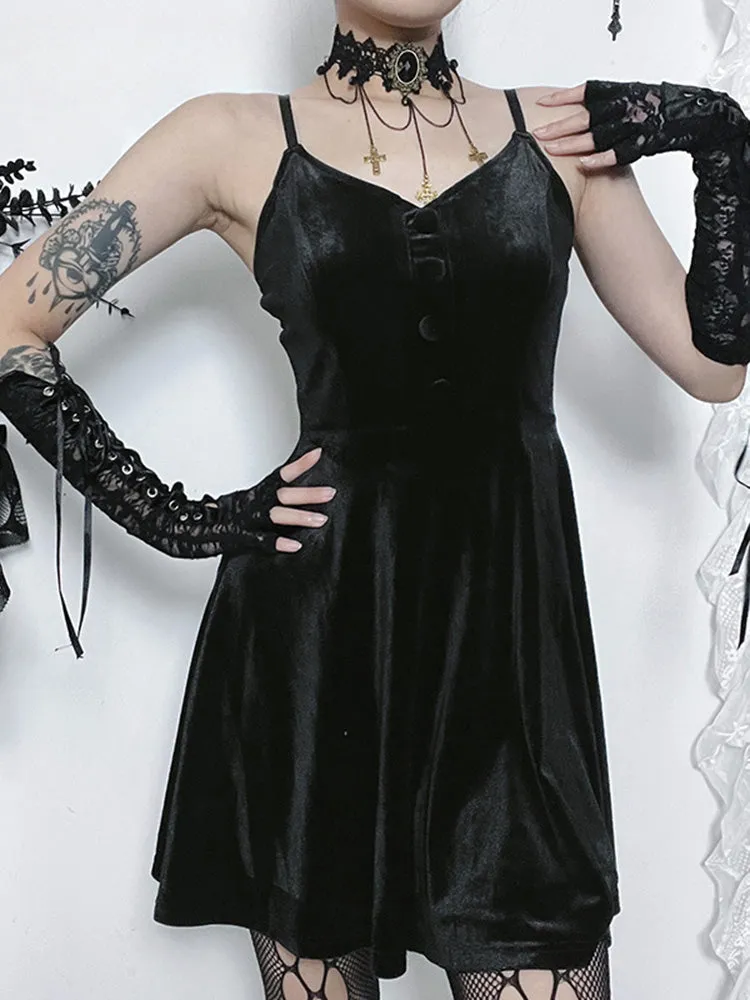 Velvet Sleeveless Goth Bodycon Neck Mini Cami Punk Draped A-Hem Spaghetti V Vintage Strap Outfit