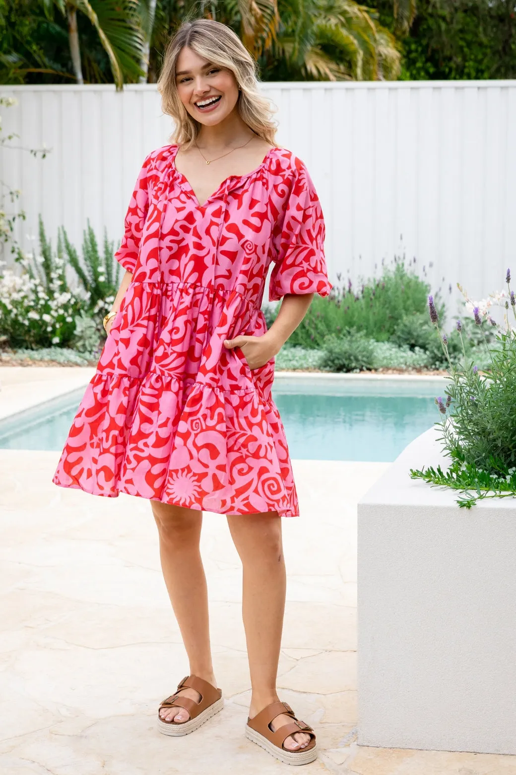 Venus Dress Solstice Print Red Pink