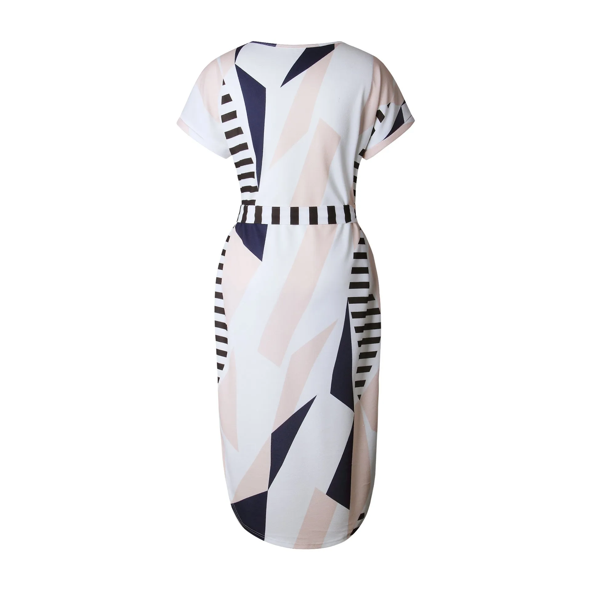 VenusFox Causal V neck Maxi Geometric Vintage dress With Belt