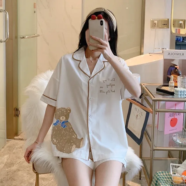 VenusFox Summer Lady Lovely Bear Print Sleepwear Lapel Short Sleeve Shorts Pajamas Set Korea Girl Casual Black White