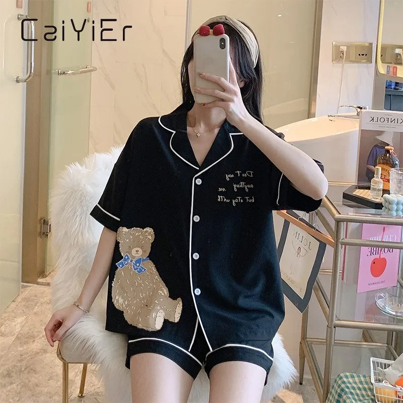 VenusFox Summer Lady Lovely Bear Print Sleepwear Lapel Short Sleeve Shorts Pajamas Set Korea Girl Casual Black White