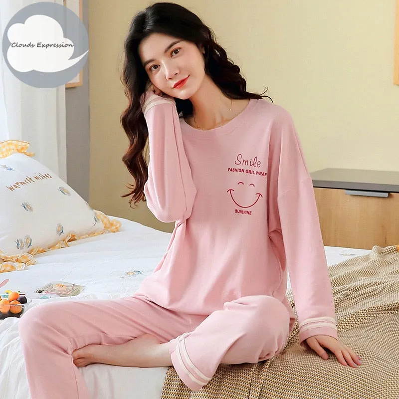 VenusFox Women's Sleep Lounge Pajama Long Sleeved Woman Pajama Set Cartoon Pajamas Cotton Sleepwear