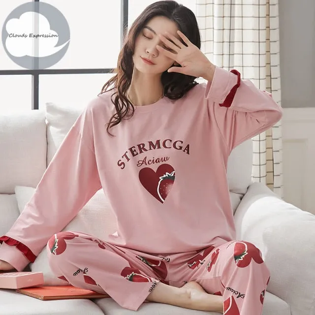 VenusFox Women's Sleep Lounge Pajama Long Sleeved Woman Pajama Set Cartoon Pajamas Cotton Sleepwear