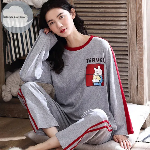 VenusFox Women's Sleep Lounge Pajama Long Sleeved Woman Pajama Set Cartoon Pajamas Cotton Sleepwear