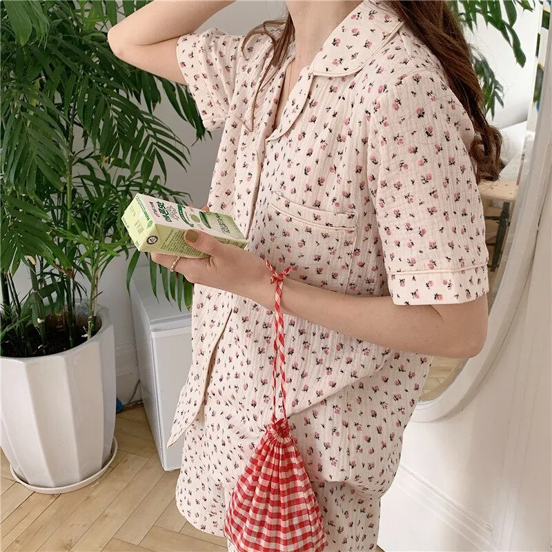 VenusFox Women's Sleepwear Cotton Floral Print Pajamas Two Piece Set Summer Suits with Shorts Room Wear