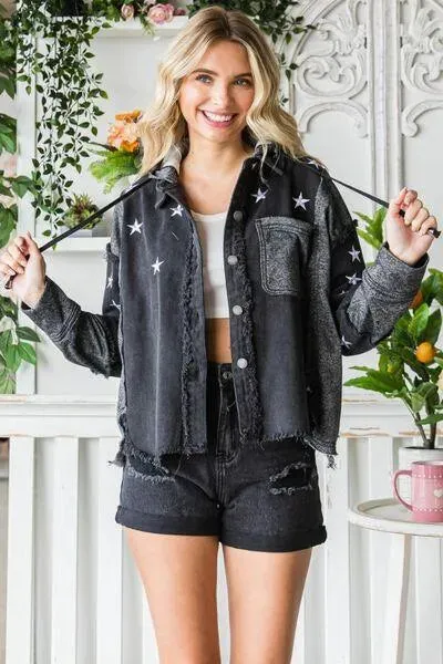 Veveret Star Embroidered Hooded Black Denim Jacket