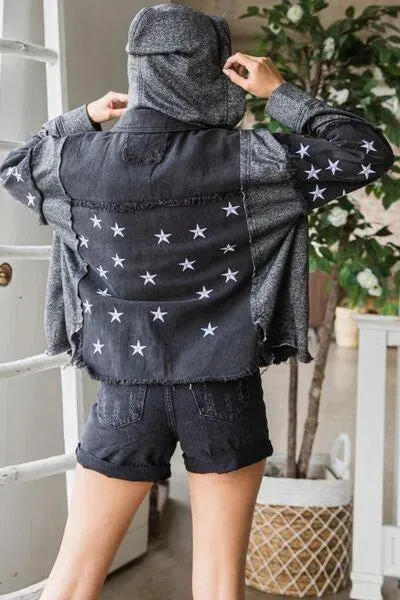 Veveret Star Embroidered Hooded Black Denim Jacket