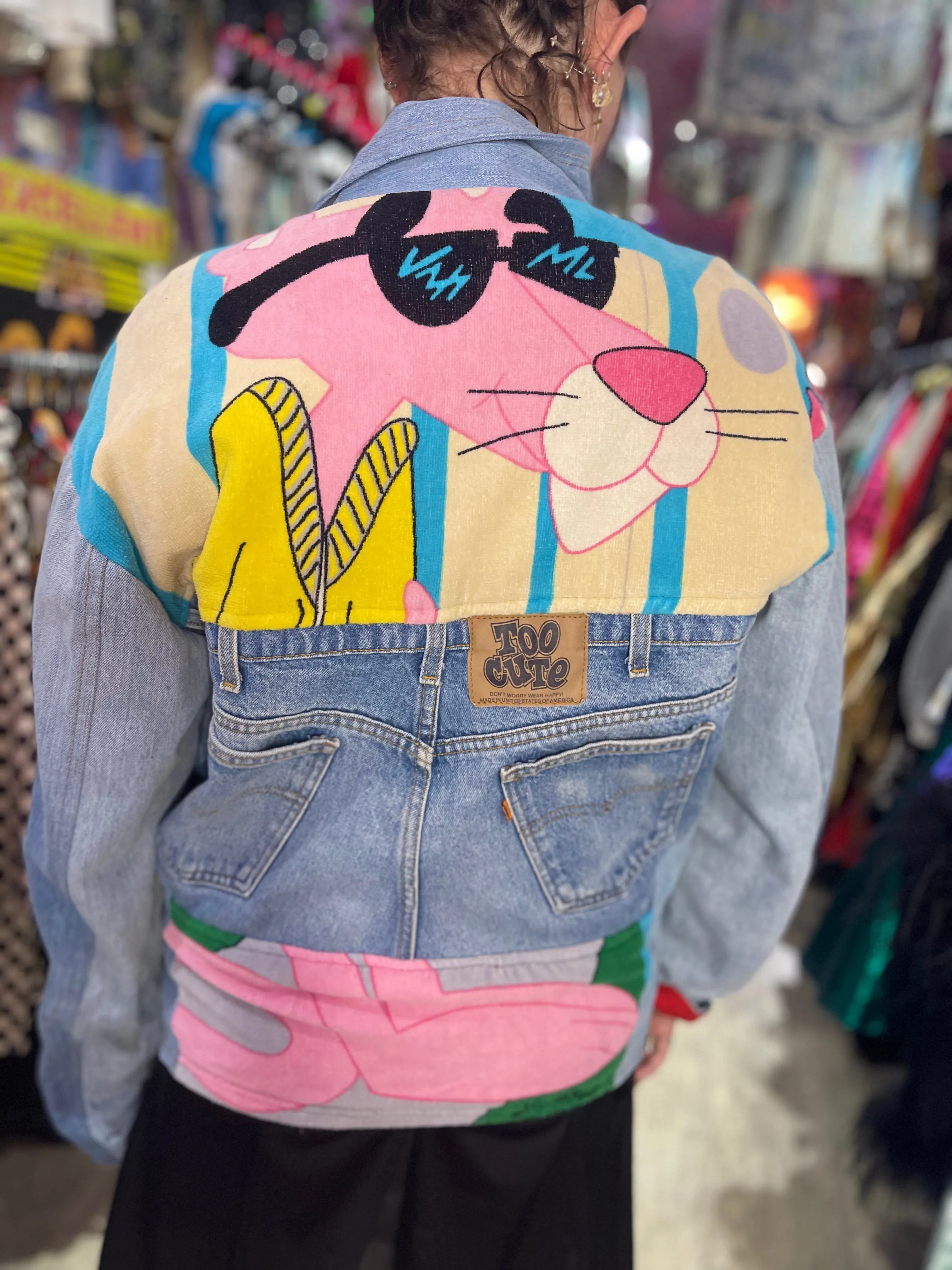 Vintage 80s Patchwork Pink Panther Jean Jacket