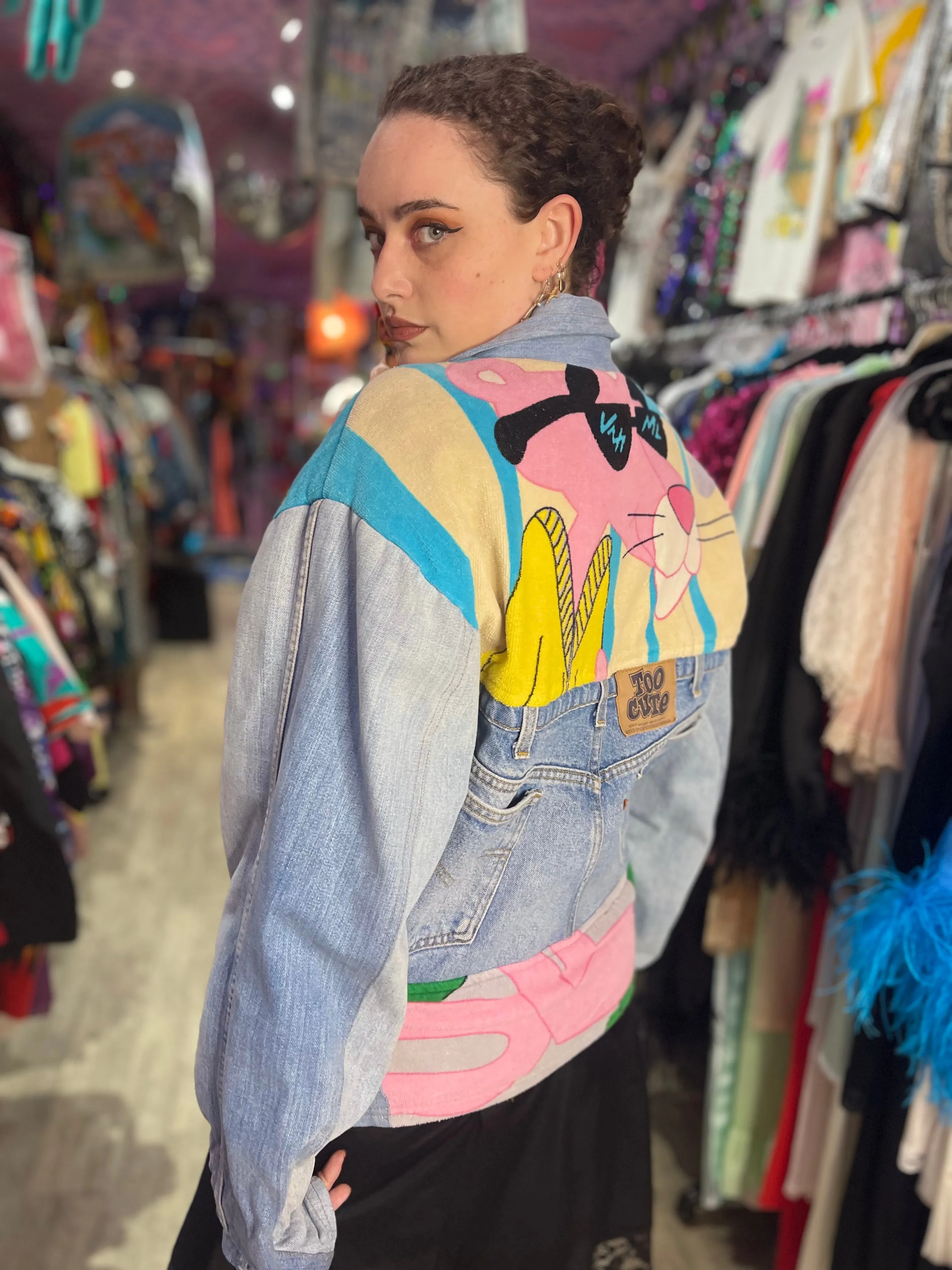 Vintage 80s Patchwork Pink Panther Jean Jacket