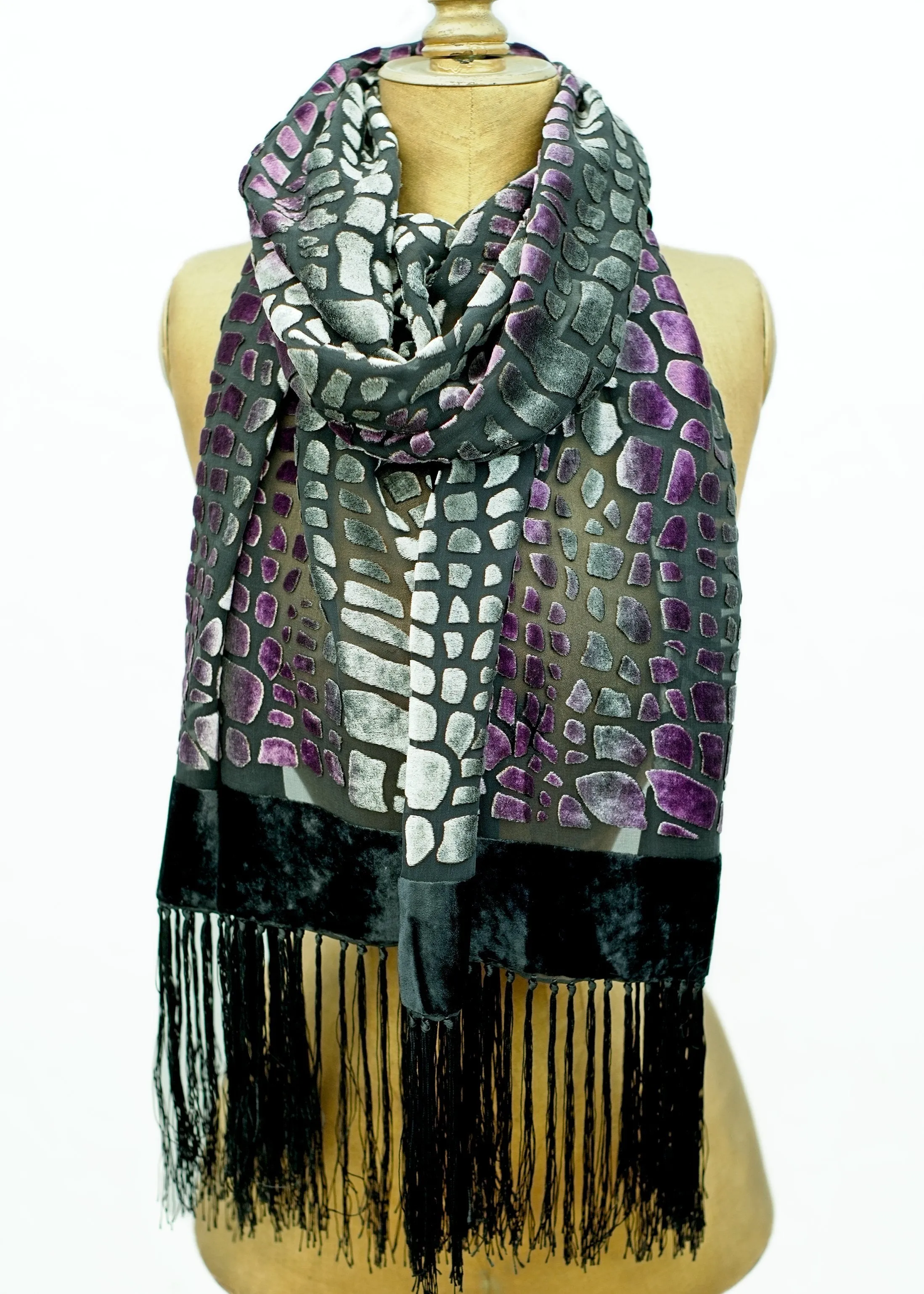 Vintage Black Purple Silk Velvet Burnout Shawl Scarf