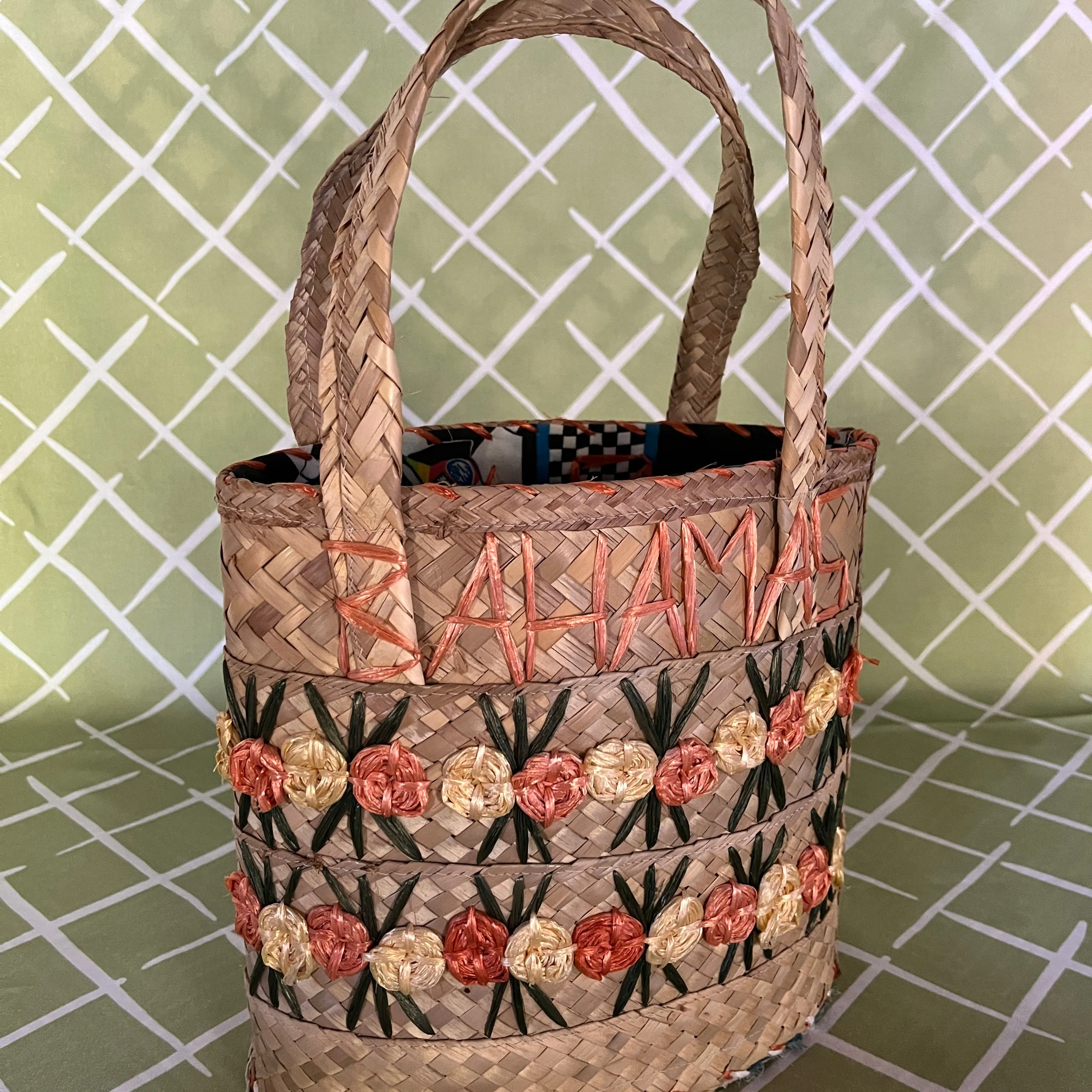 Vintage Bold Floral Bahamas Straw Bag