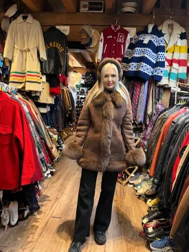 Vintage Bozena Hand-Made Brown Shearling Coat with Fur Trim, Size Medium