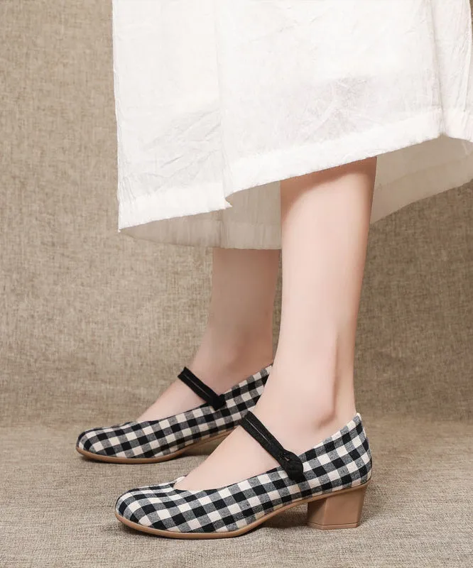 Vintage Buckle Strap Chunky High Heels Plaid Cotton Fabric