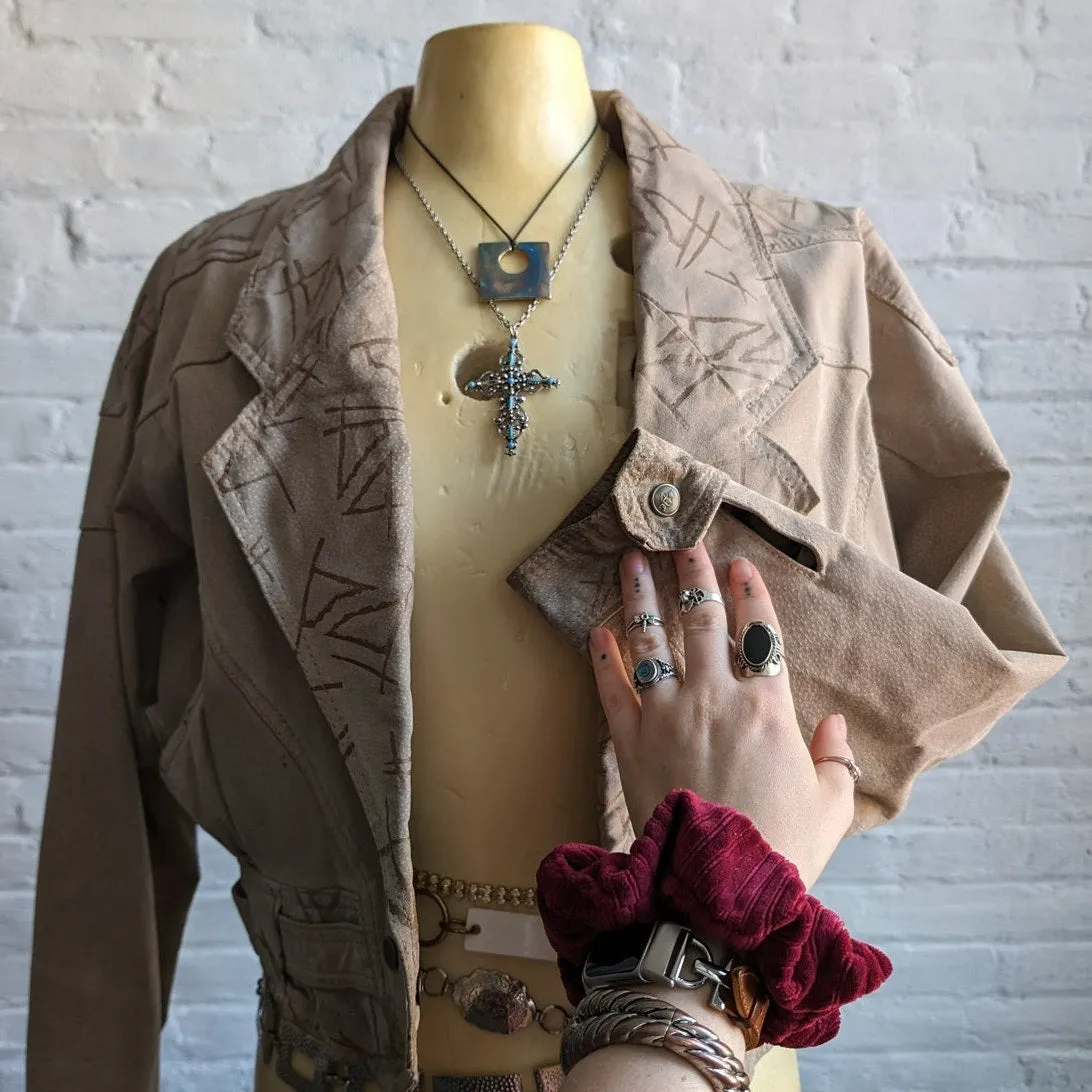 Vintage Cropped Leather Biker Jacket Neutral Suede Western Geometric Funky Coat