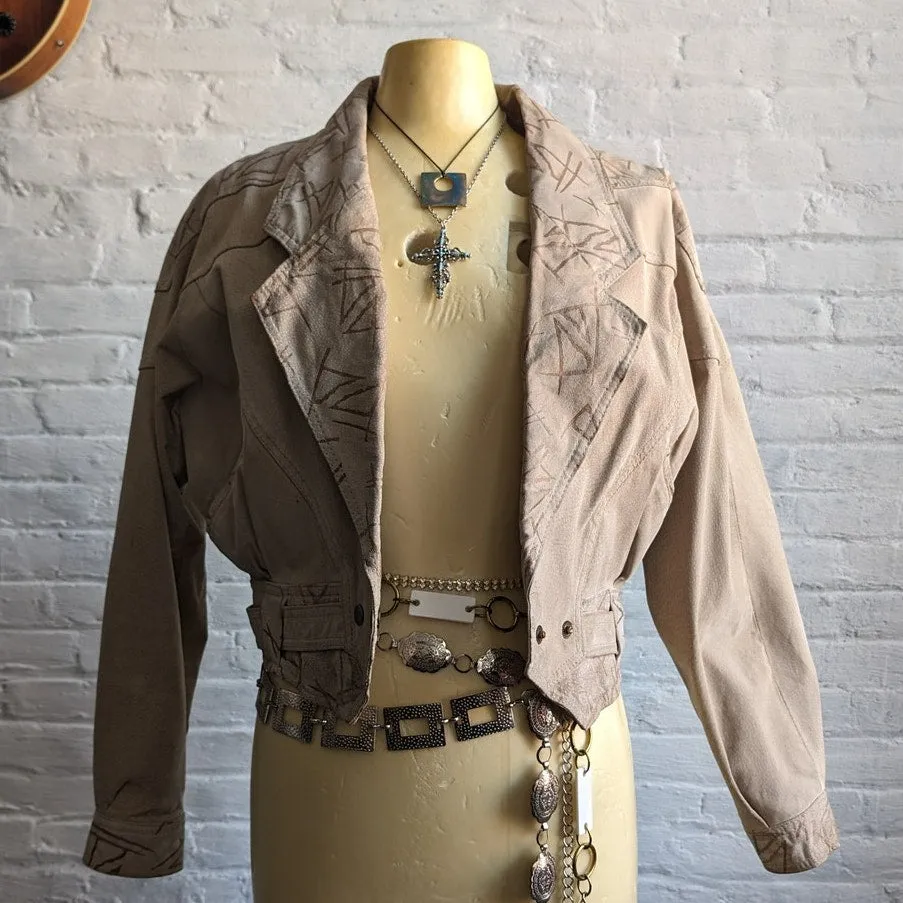 Vintage Cropped Leather Biker Jacket Neutral Suede Western Geometric Funky Coat