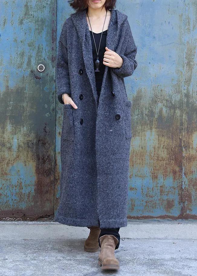 vintage dark gray woolen outwear trendy plus size double breastmaxi coat hooded woolen outwear