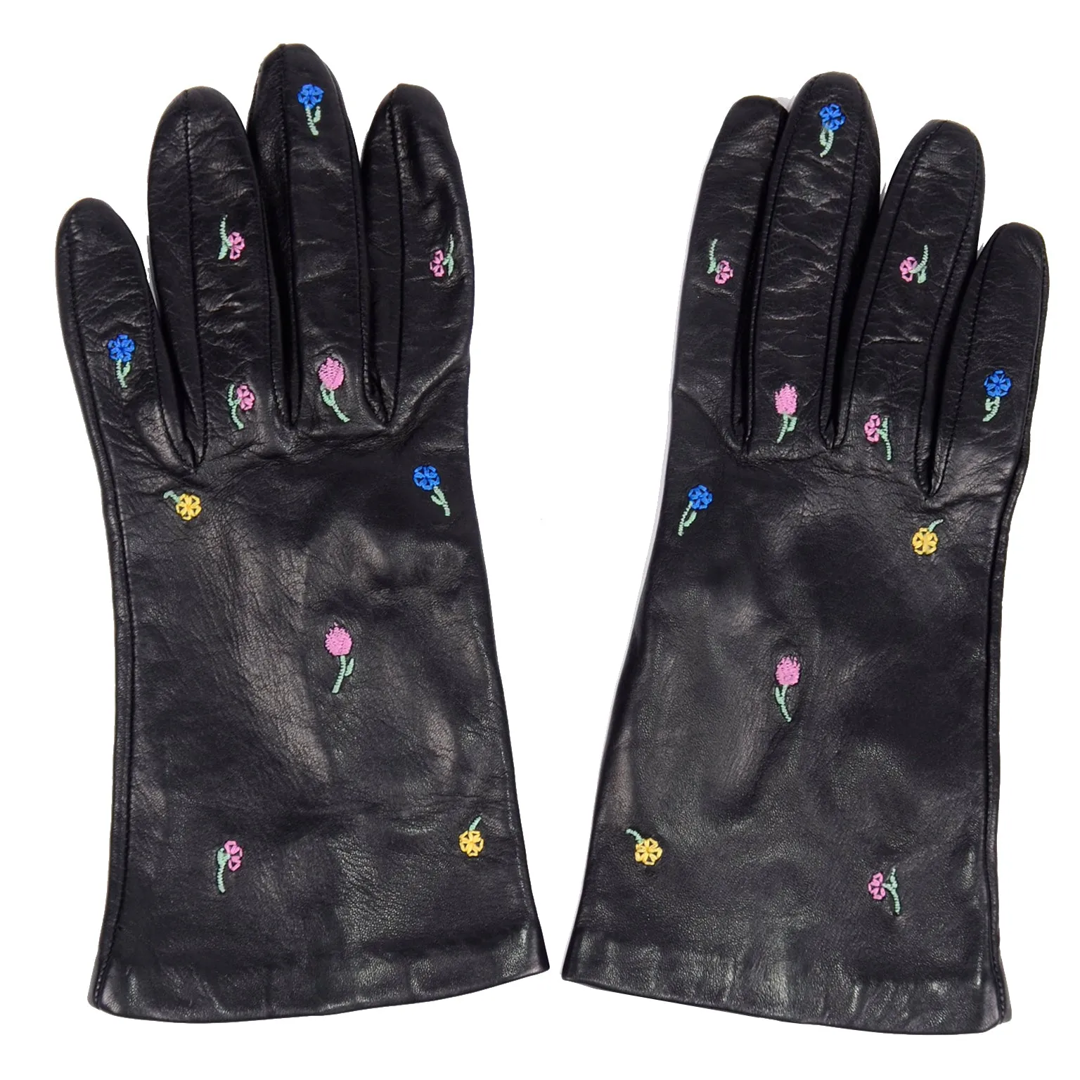 Vintage Floral Embroidered Black Leather Gloves W Silk Lining