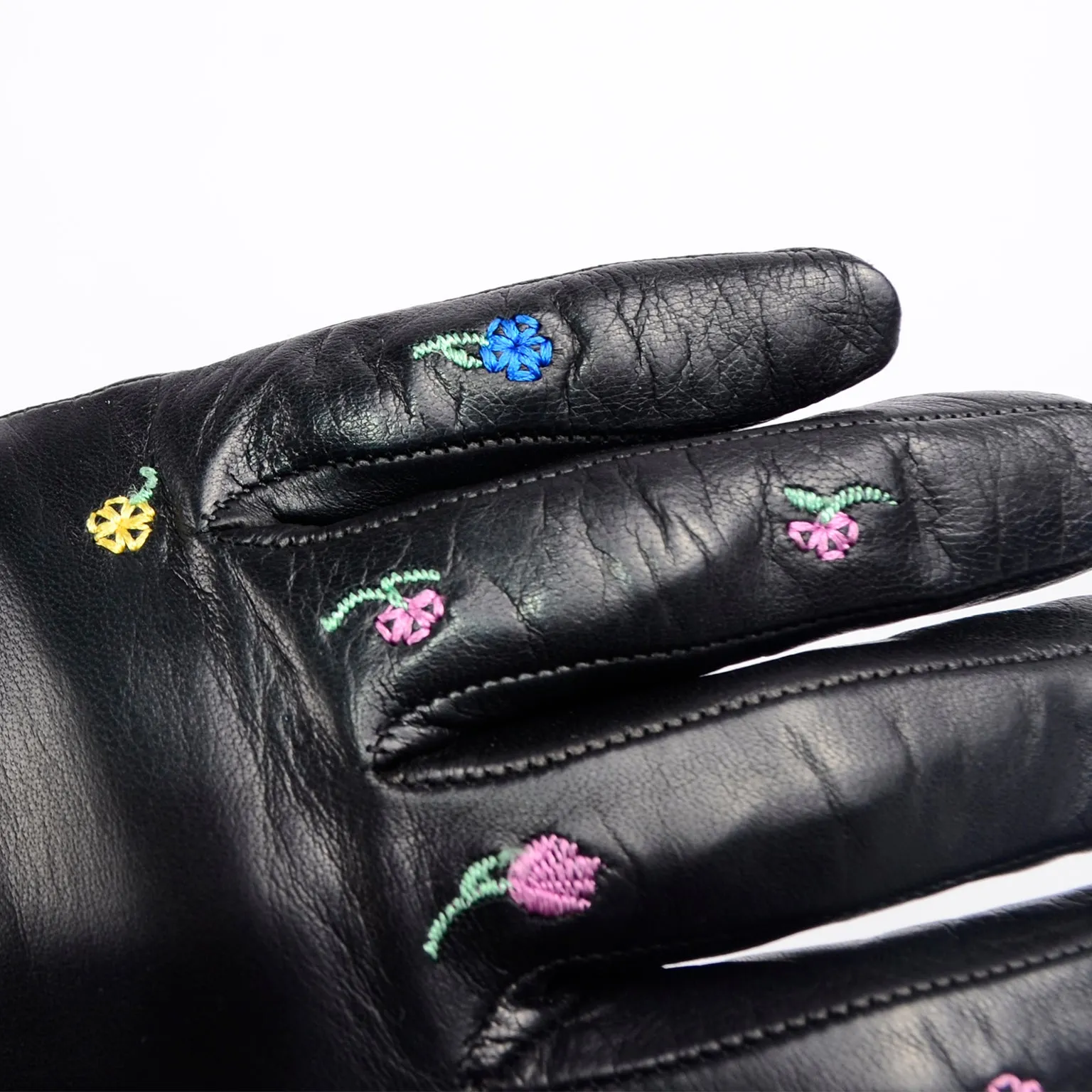 Vintage Floral Embroidered Black Leather Gloves W Silk Lining