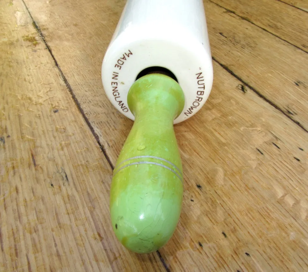 Vintage Nutbrown Ceramic Rolling Pin With Green Painted Wood Handles