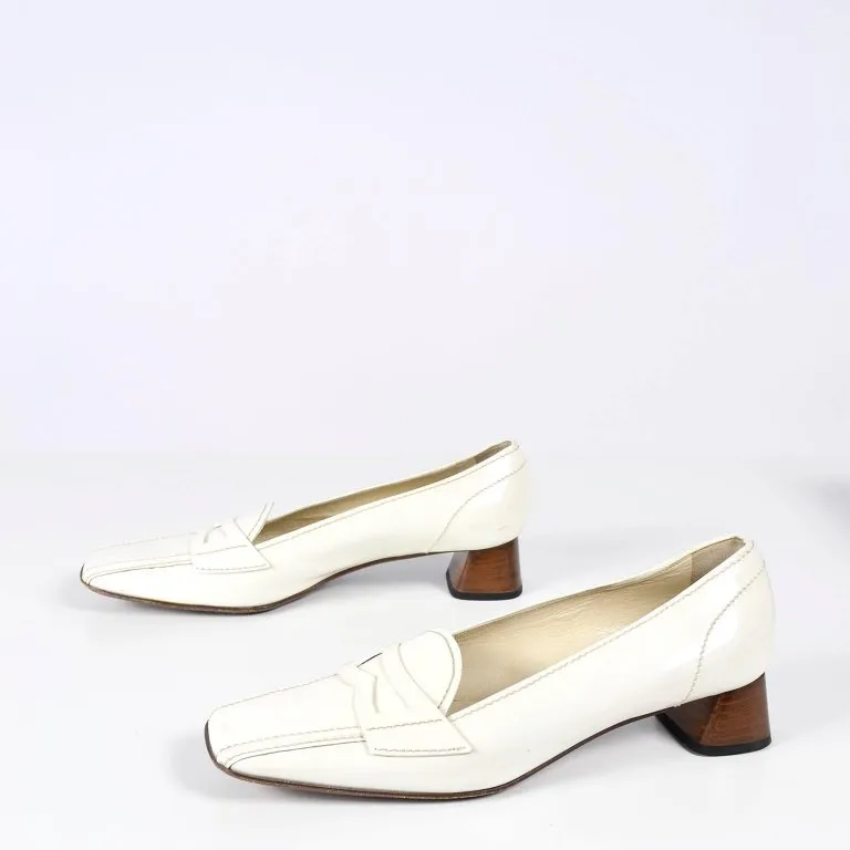 Vintage Prada Shoes W/ Square Toes & Block Heels in Ivory Patent Leather