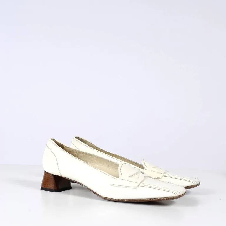 Vintage Prada Shoes W/ Square Toes & Block Heels in Ivory Patent Leather