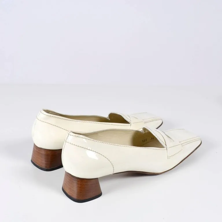 Vintage Prada Shoes W/ Square Toes & Block Heels in Ivory Patent Leather