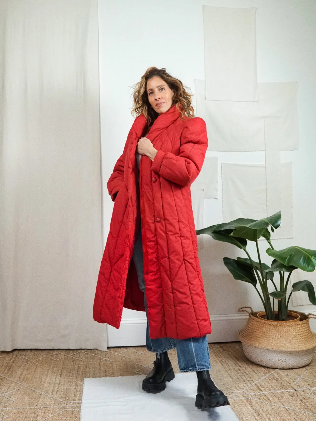 Vintage Red Quilted Long Coat