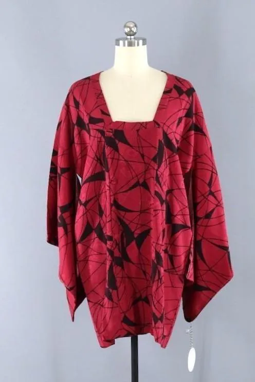 Vintage Silk Kimono Jacket - Red and Black Abstract