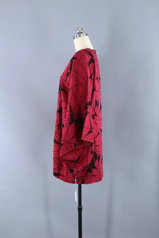 Vintage Silk Kimono Jacket - Red and Black Abstract