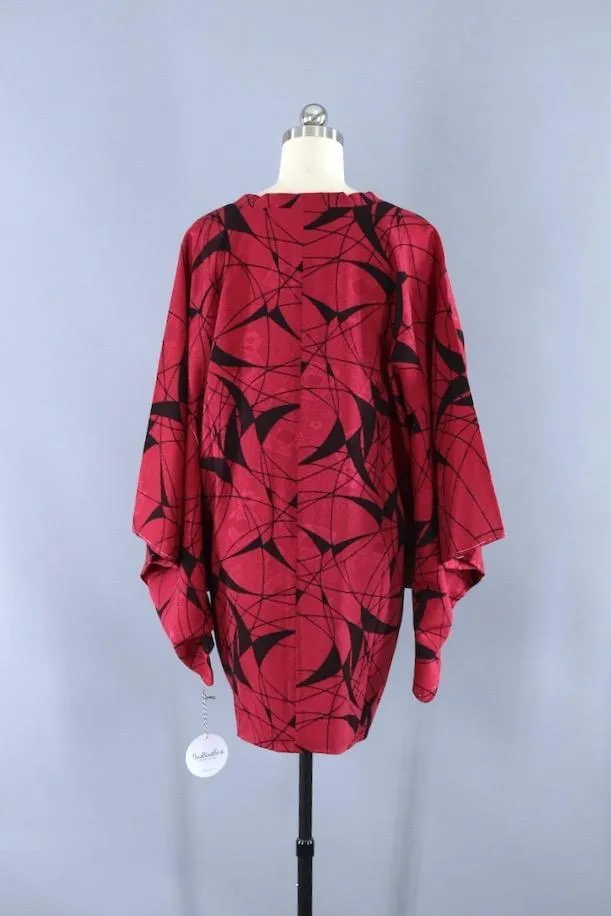 Vintage Silk Kimono Jacket - Red and Black Abstract