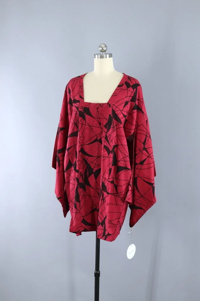 Vintage Silk Kimono Jacket - Red and Black Abstract