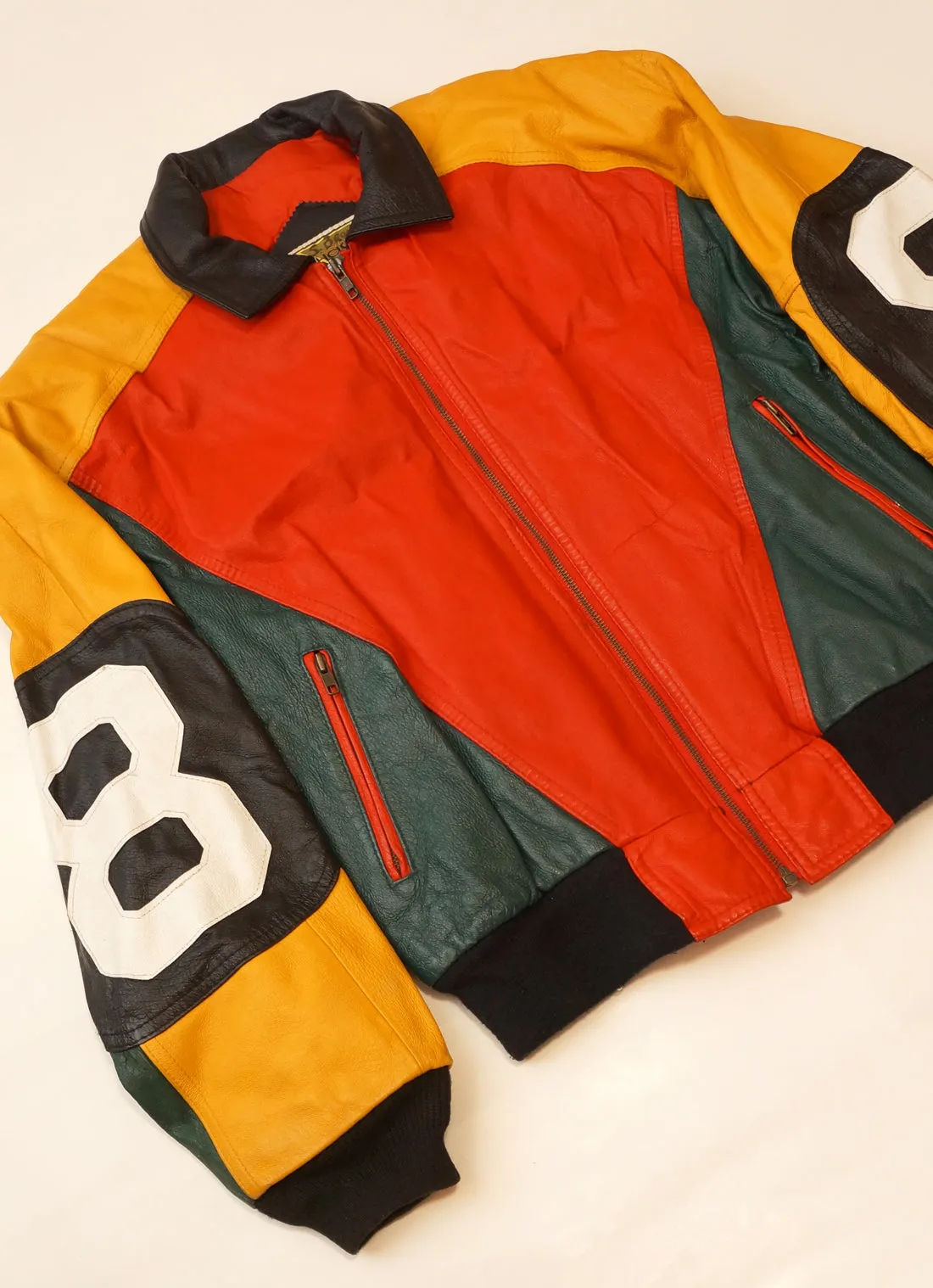 Vintage Yellow, Red and Green Leather "8 Ball" Jacket By Phase 2