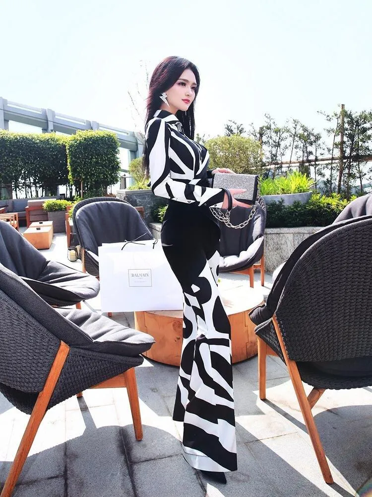 VJE Spring Shirt Collar Jumpsuit Black and White Printed Zebra Pattern Long Sleeve  Jumpsuit - Nala