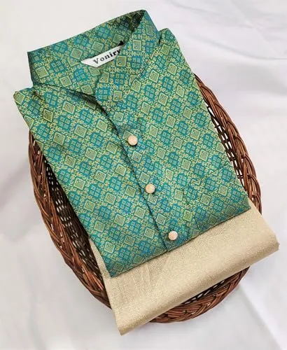 Voniry Men Regular Full Sleeve Silk Cotton Kurta with Golden Pajama Set (M, Green)