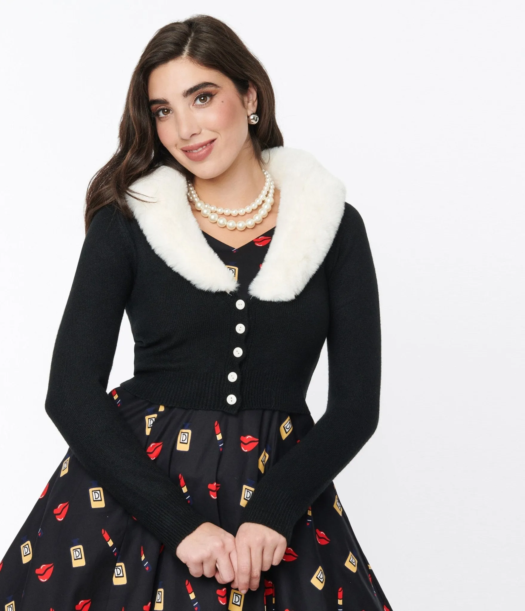 Voodoo Vixen Black Faux Fur Collar Cropped Cardigan