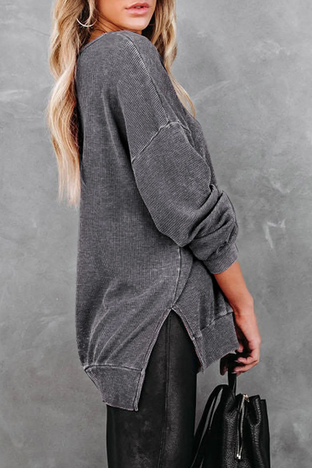 Waffle Knit Side Slit Drop Shoulder Sweatshirt