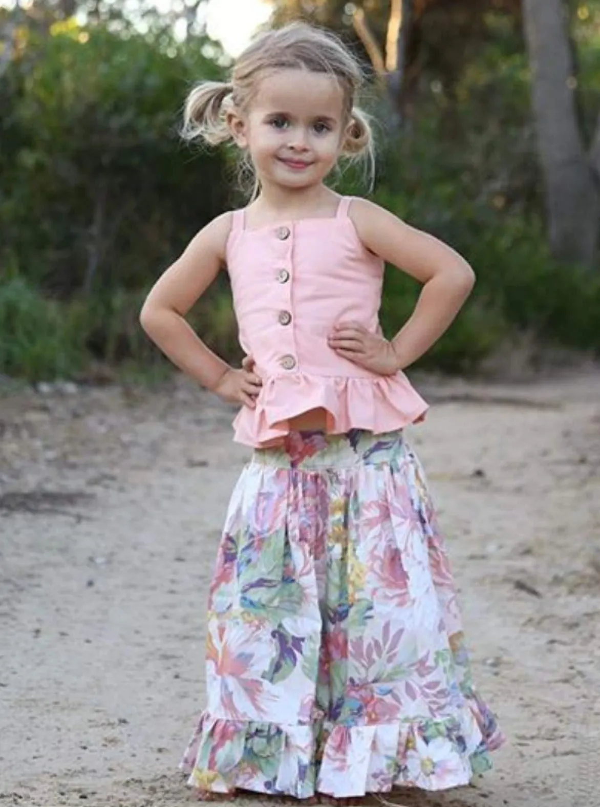 Walks On The Beach Ruffle Floral Maxi Skirt Set