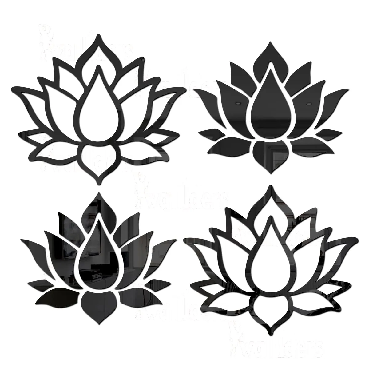 Wall1ders Small Lotus Black (Pack of 2) Acrylic Mirror Stickers for Wall, Decorative Items Home Decoration for Bedroom, Living Room, Office, Study Room