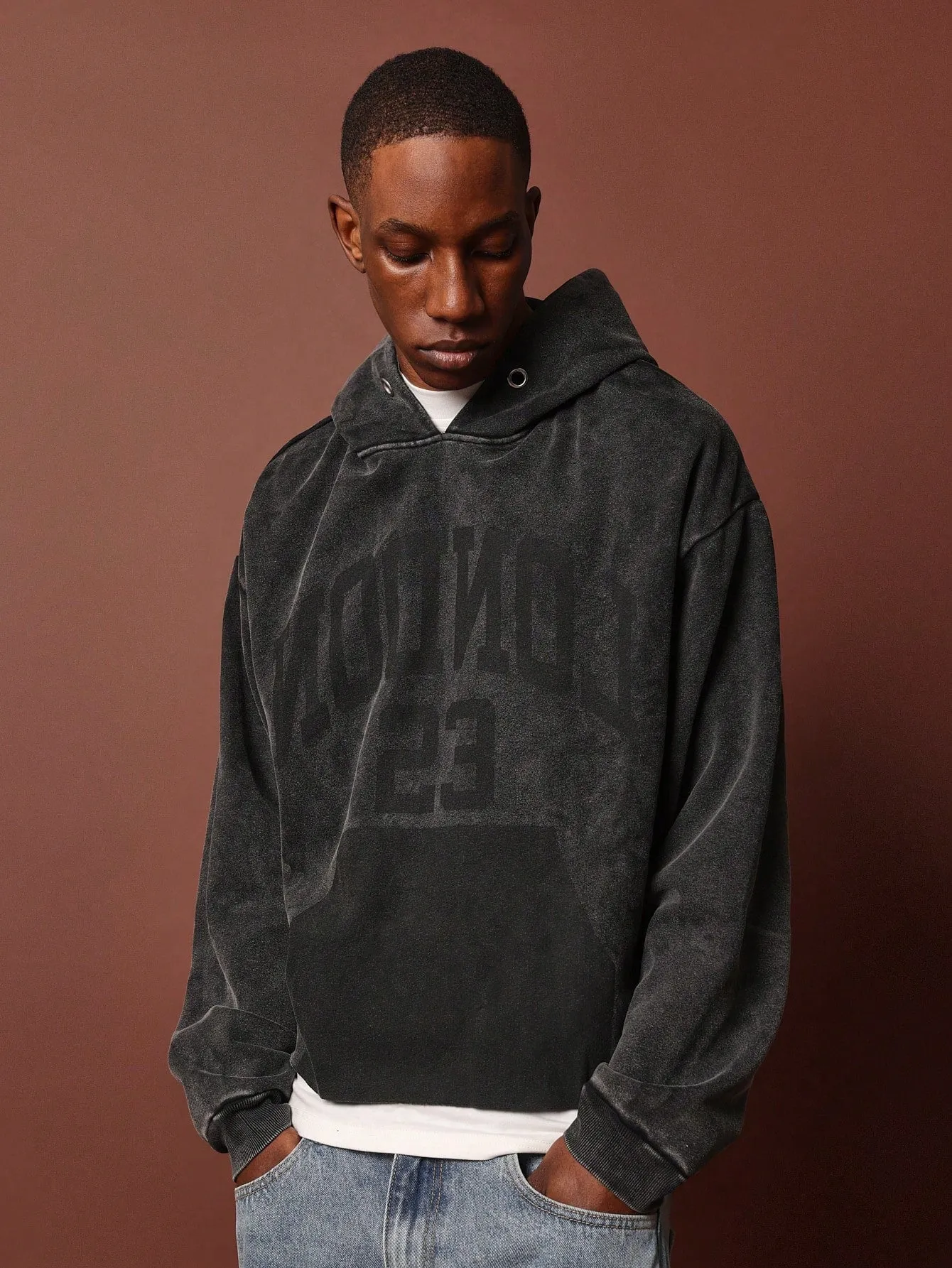 Washed Oversized Overhead Hoodie With London Graphic Print