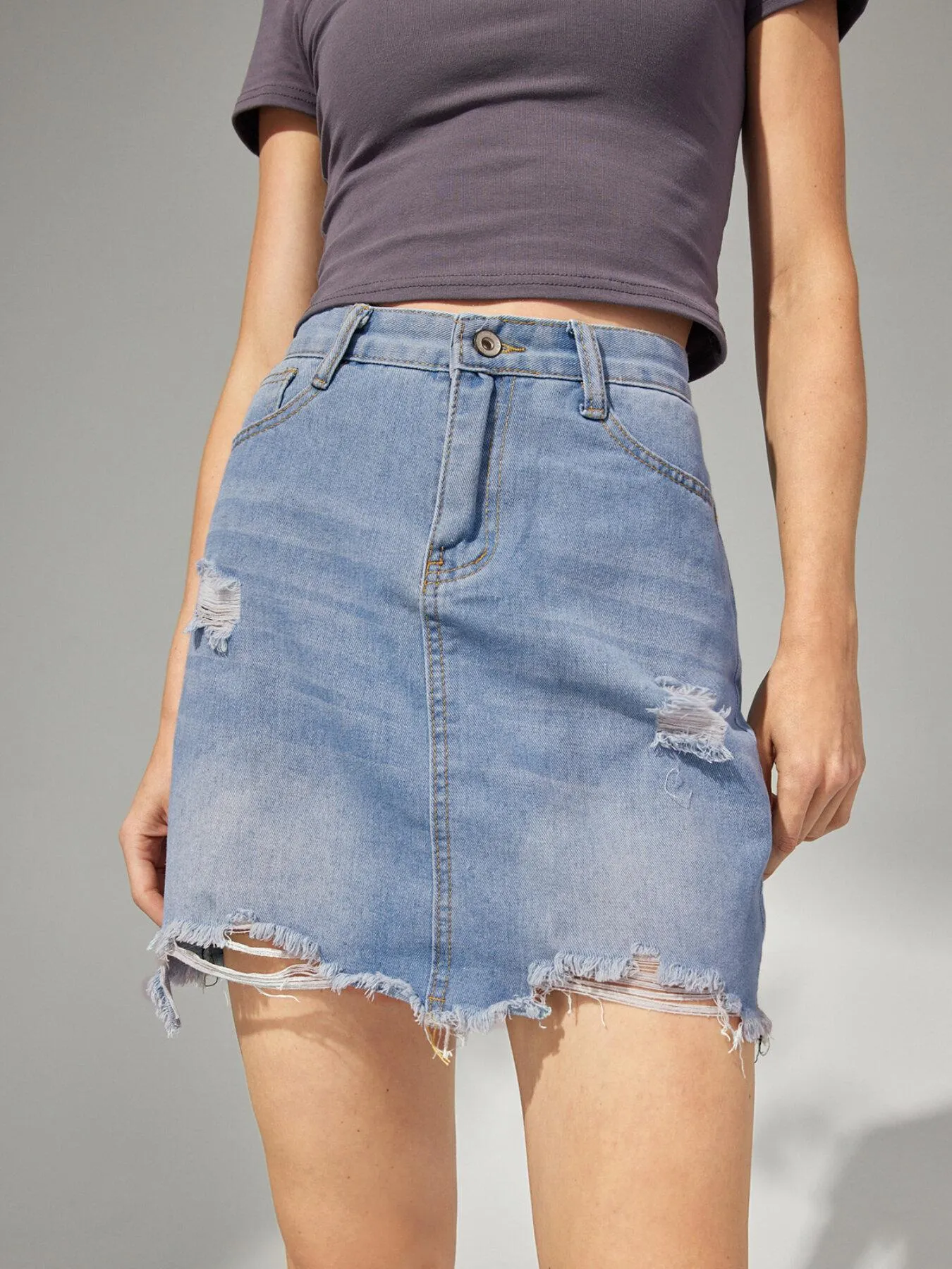 Washed Ripped Raw Hem Denim Skirt