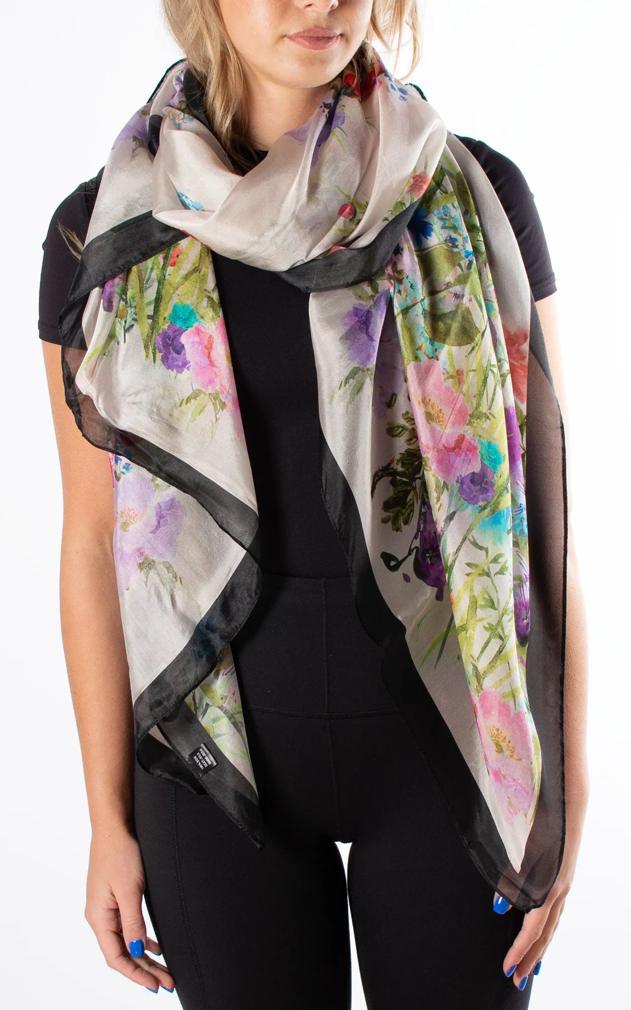 Watercolour Flowers Black Silk Scarf