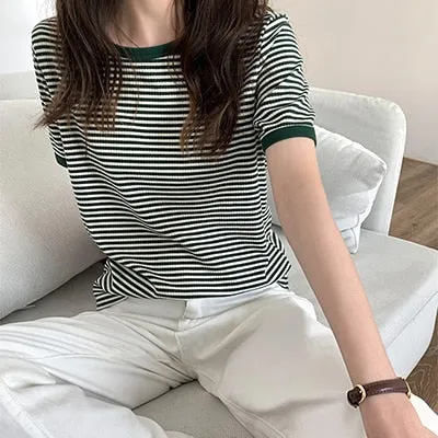 Wenkouban Striped Vintage Short Sleeve T Shirt Women 2022 Summer Korean Fashion T-Shir Soft Tops Tshirts Casual O Neck Tee Shirt Female