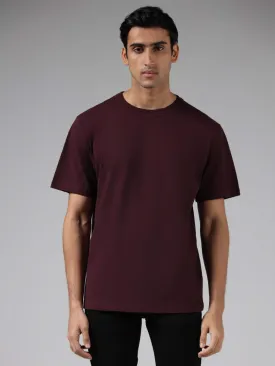 WES Casuals Solid Wine Cotton T-Shirt