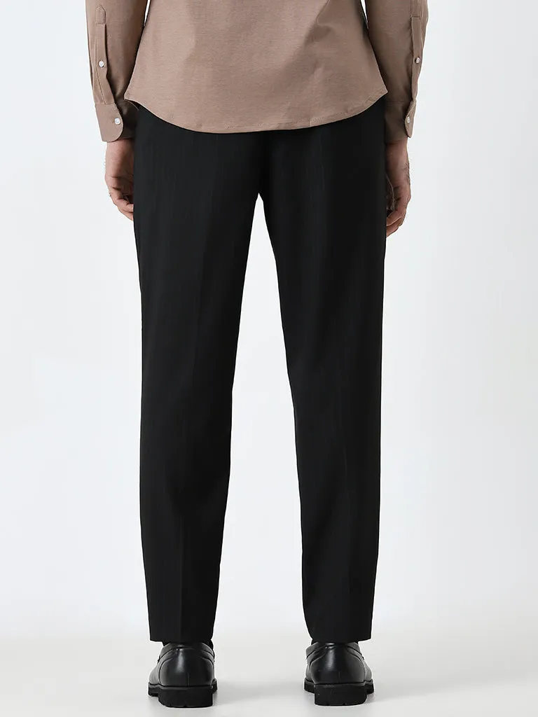 WES Formals Black Striped Slim-Tapered Mid-Rise Trousers